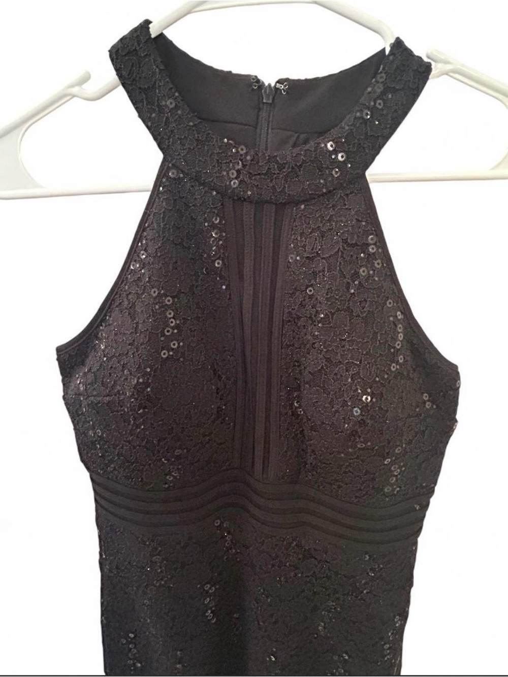 Night Way Collections Black Lace & Sequin Halter Mini Dress